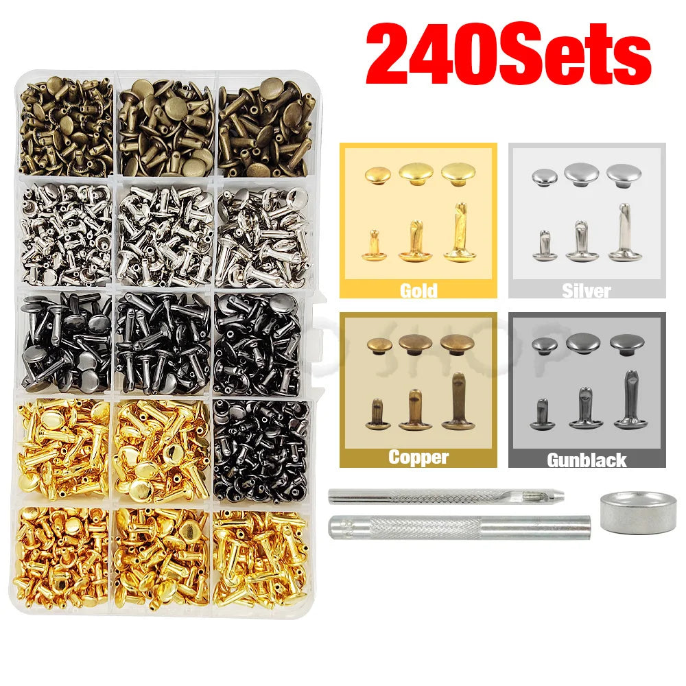 240Pcs Double Cap Rivets Studs Metal for Leather Craft Bag Repair
