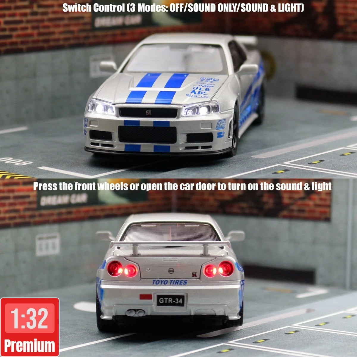 1/32 Nissan Skyline GTR R34 Diecast Model Car Sound Light JDM Toy Kids