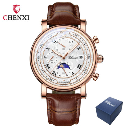 Chenxi 976 Leather Chronograph Date Men's Phase Of The Moon Timing Business Luminous Quartz Watch Relojes para hombres-EXPROTAS