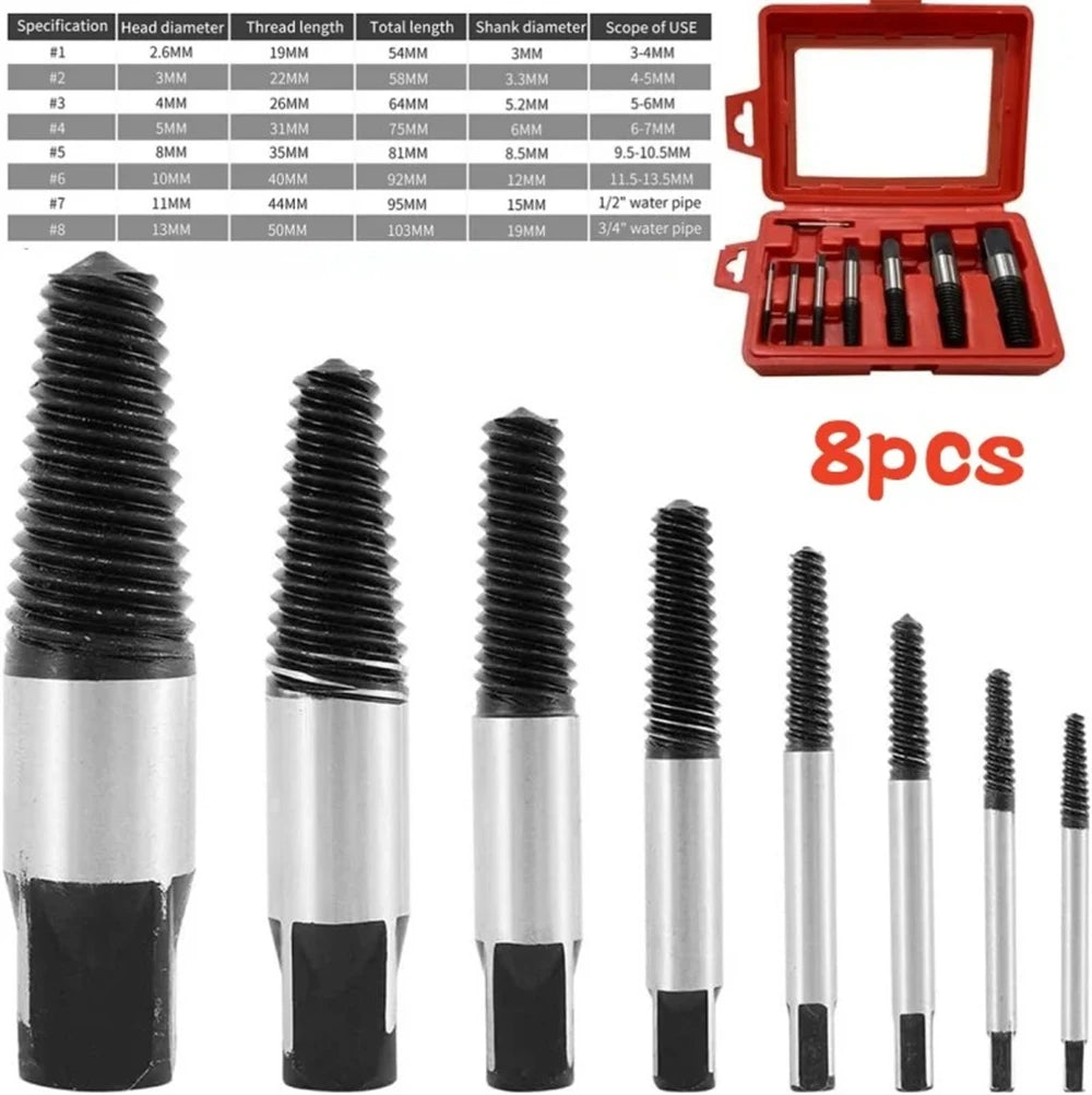 8Pcs Drill Bits Screw Extractor Remover Broken Damaged Easy Out Steel