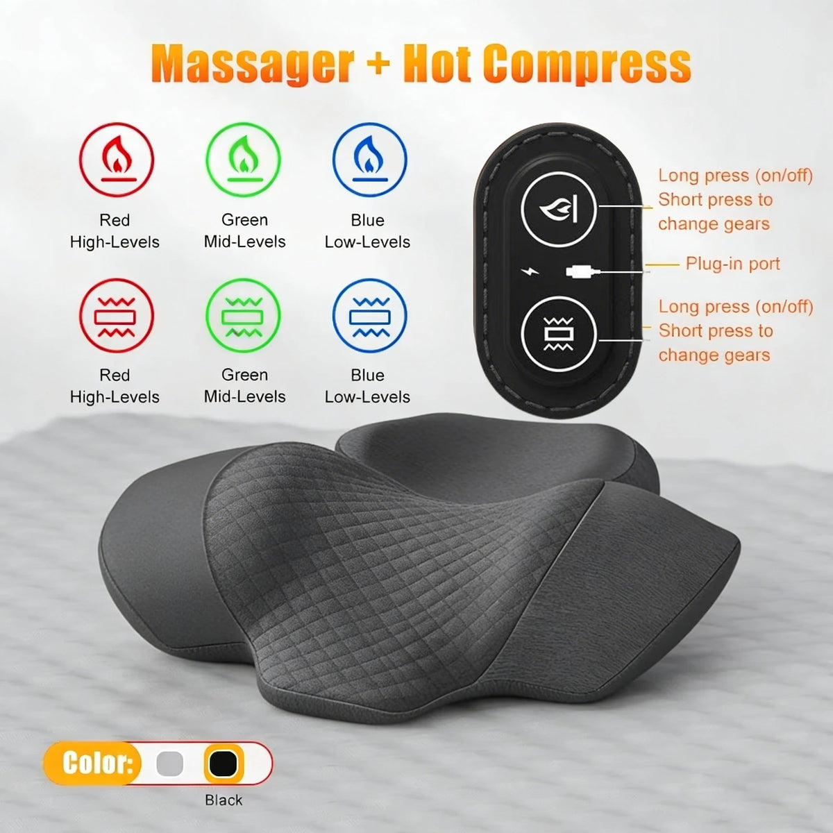 Electric Neck Massager Pillow Heat Vibration Cervical Support Traction