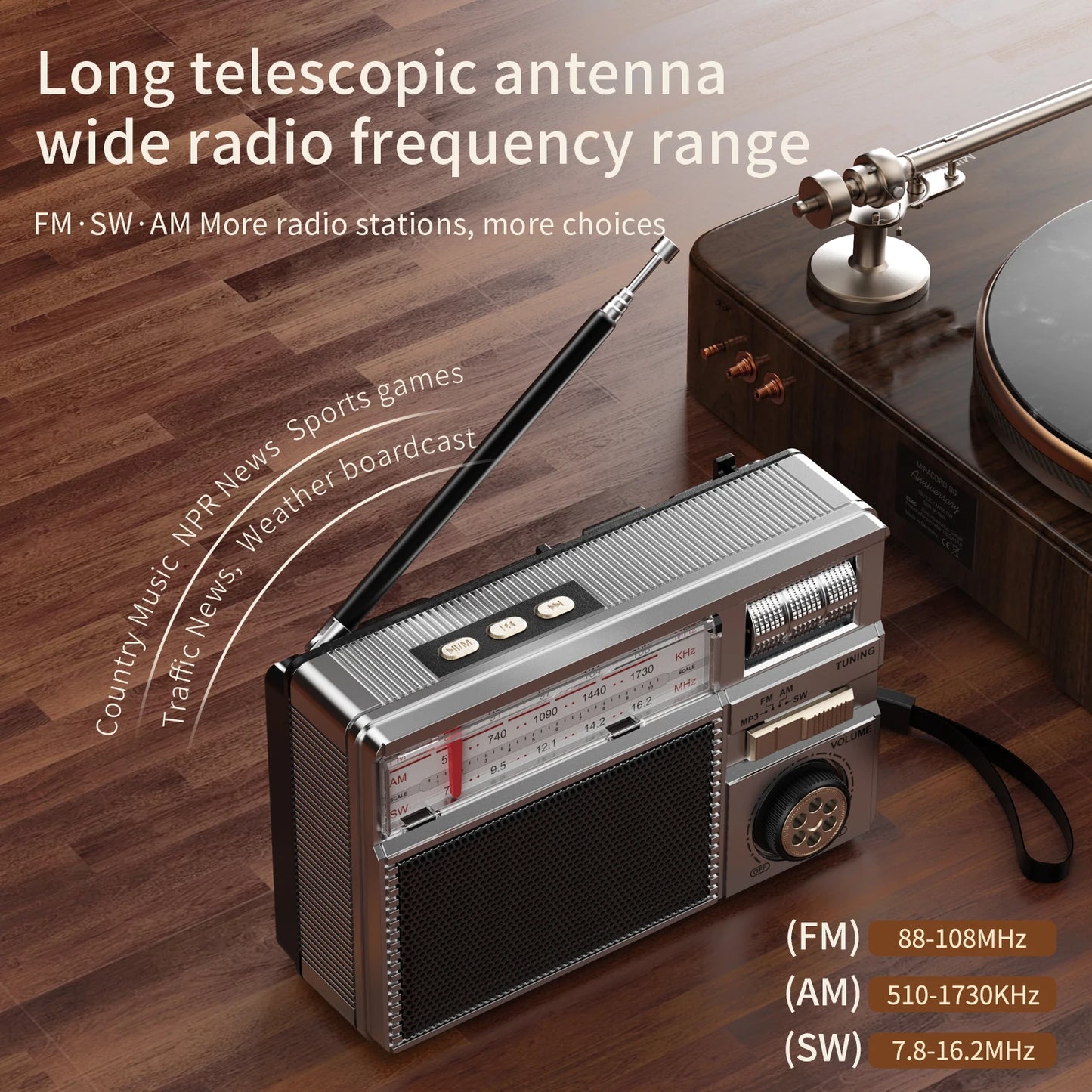 Long-lasting Battery Wireless Retro All-Band Radio with Multi-Mode Charging