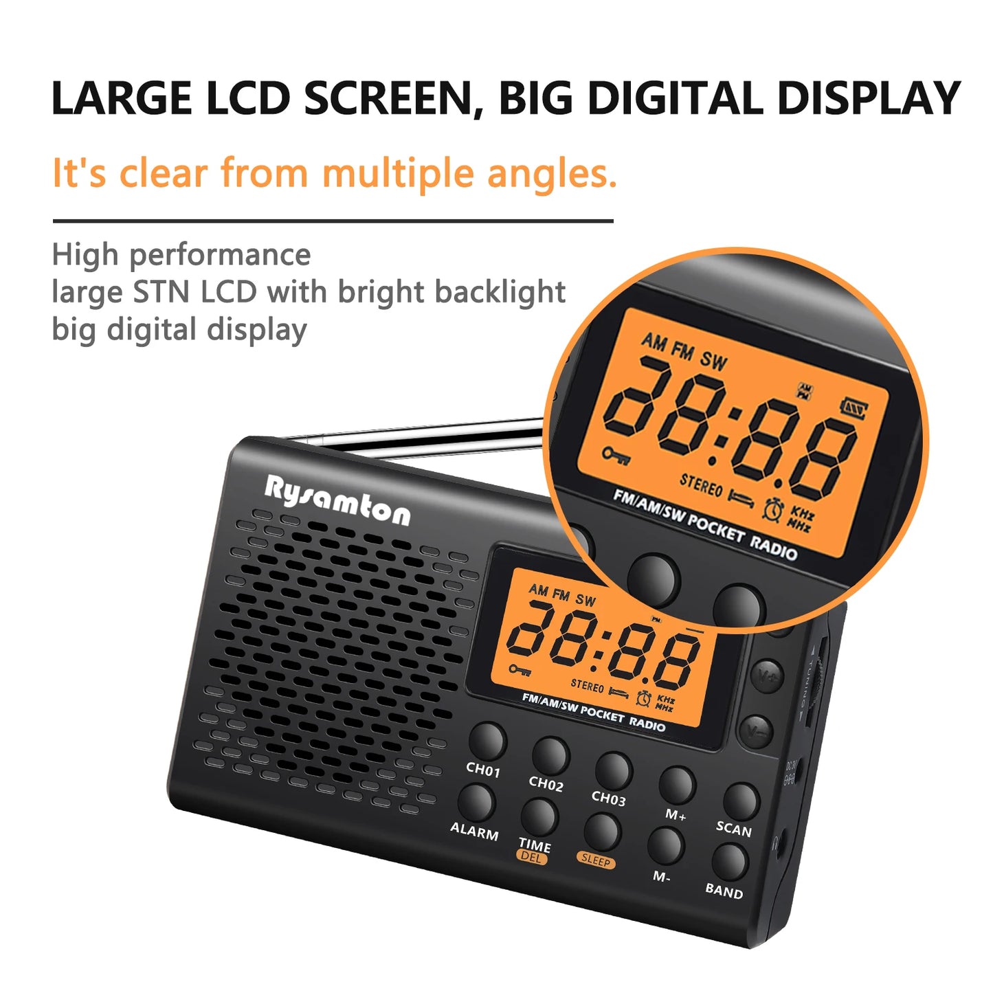 Portable AM/FM Shortwave Radio with Clock Function & Sleep Timer - Digital