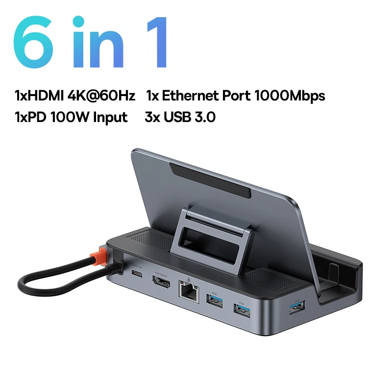 Baseus USB C Docking Station for Steam Deck Nintend Switch 6-in-1 Type C to 4K@60Hz HDMI-compatible Gigabit Ethernet USB 3.0 Hub-EXPROTAS