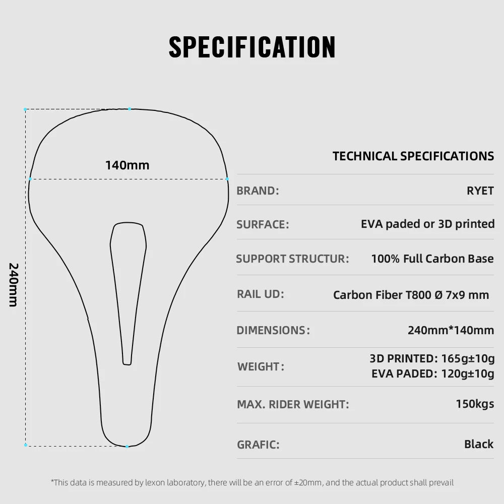 RYET 3D Printed Full Carbon Saddle 140mm 165g Super Light for Road MTB Bike