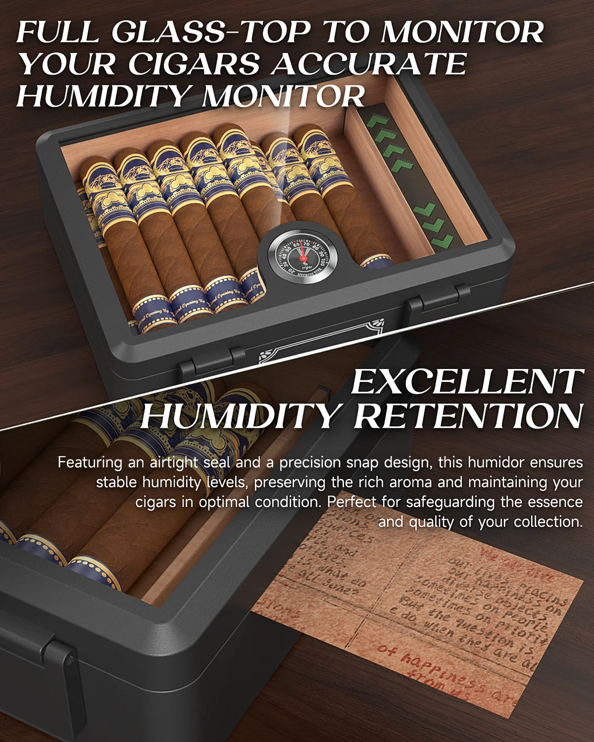 Cigar Box Humidor Cedar Wood Glass Top Desktop Case with Hygrometer for 20-25