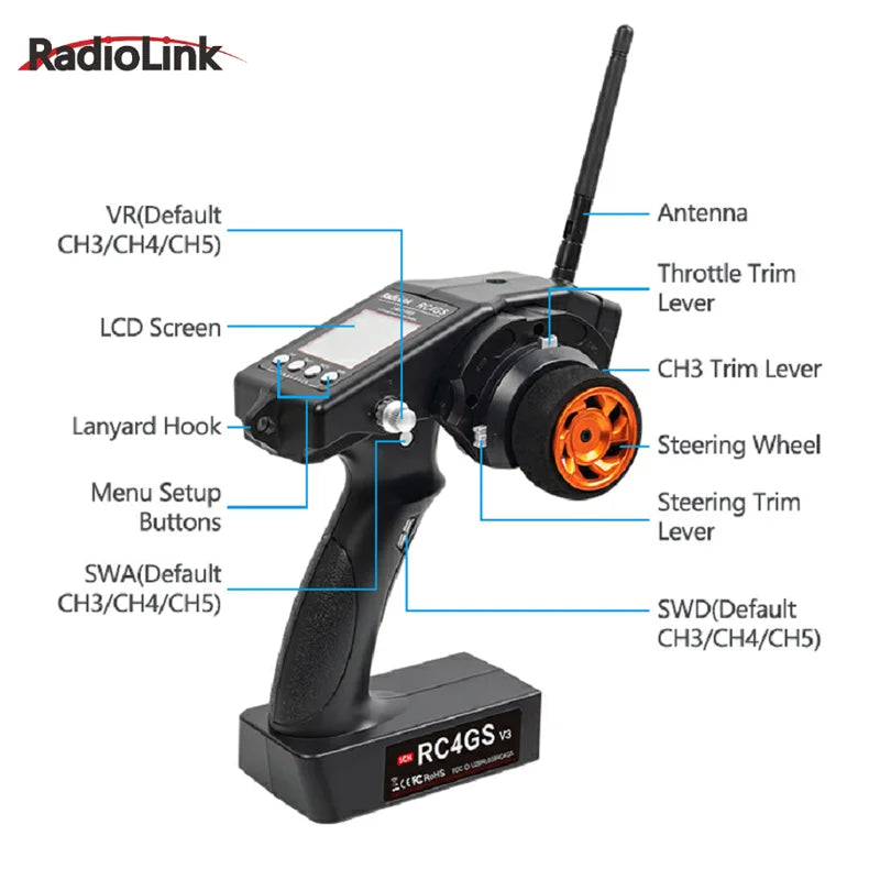 RadioLink RC4GS V3 2.4G 4CH 5CH 7CH 400M Distance Remote Controller Transmitter  R6Fg Gyro Inside Receiver for RC Car Boat-EXPROTAS