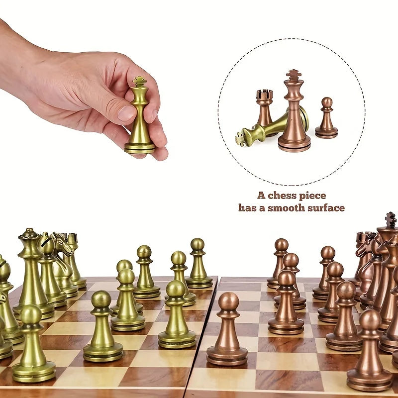 Large Metal Deluxe Chess Retro Copper Plated Alloy Chess Adult Set Board Game Portable Wooden Box Storage Folding Chess Set-EXPROTAS