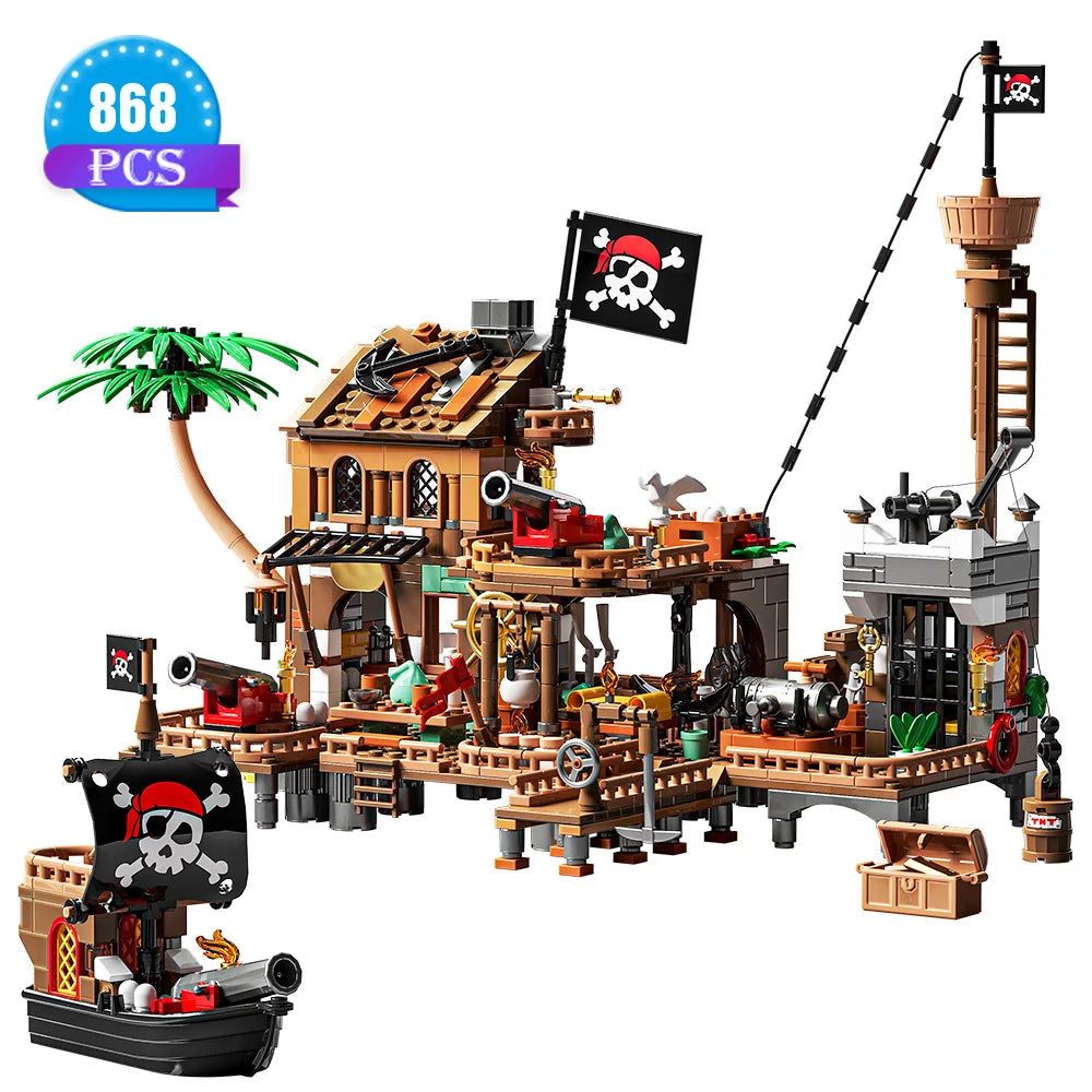 Pirate Ship Building Toys, Pirate Wharf Themed City Store Building Bricks Sets for Boys Age 8-12,868 Pieces, Advent Calendar-EXPROTAS