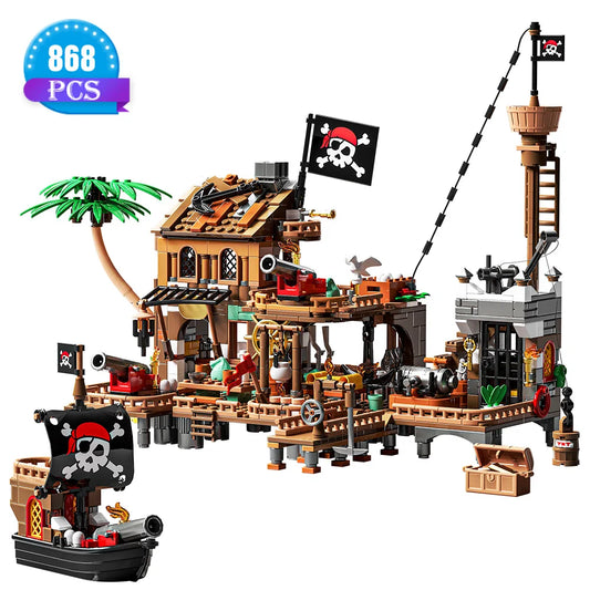 Pirate Ship Building Toys, Pirate Wharf Themed City Store Building Bricks Sets for Boys Age 8-12,868 Pieces, Advent Calendar-EXPROTAS