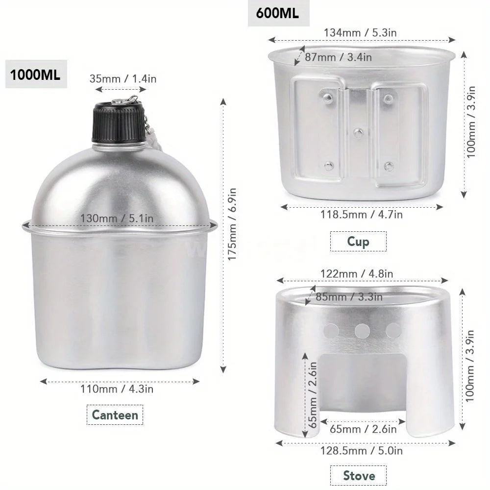4pcs Military Canteen Cookware Set Aluminum Water Bottle Cup with Green Canvas