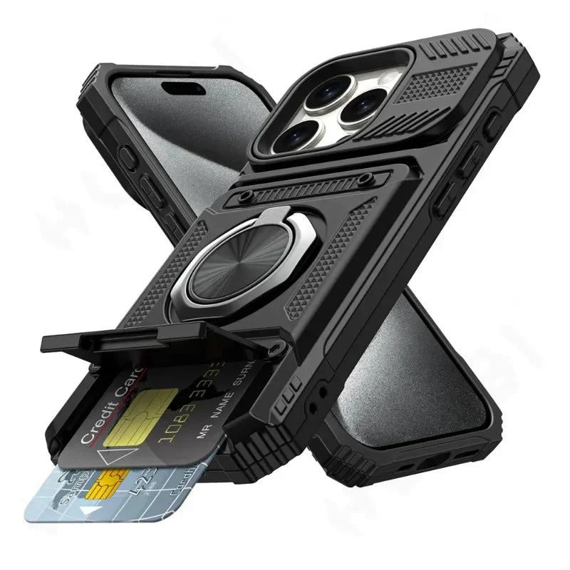 iPhone 11-16 Pro Max Ring Kickstand Wallet Case Heavy Duty Shockproof Cover