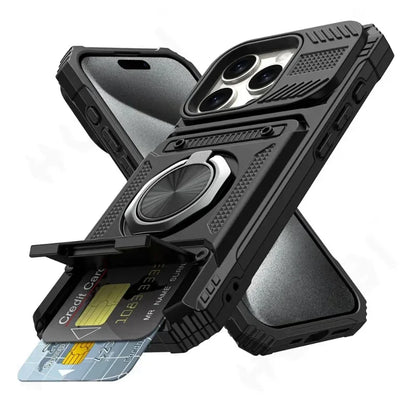 iPhone 11-16 Pro Max Ring Kickstand Wallet Case Heavy Duty Shockproof Cover