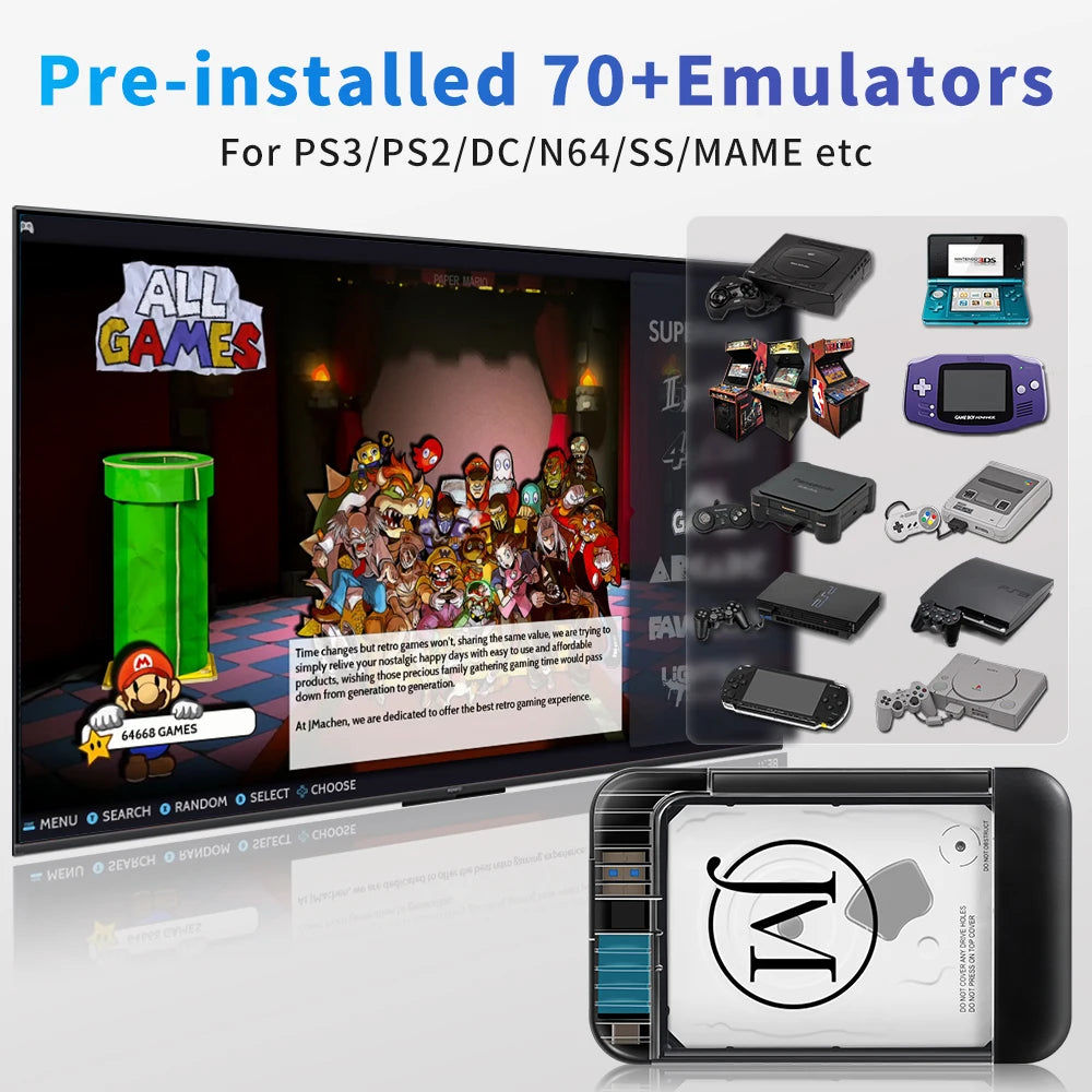 RETROBAT Portable 500G Gaming HDD Consoles 70+Emulators 64000+Retro Games for PS3/PS2/DC/N64/PSP/MAME/SS  for Windows Laptop&PC-EXPROTAS
