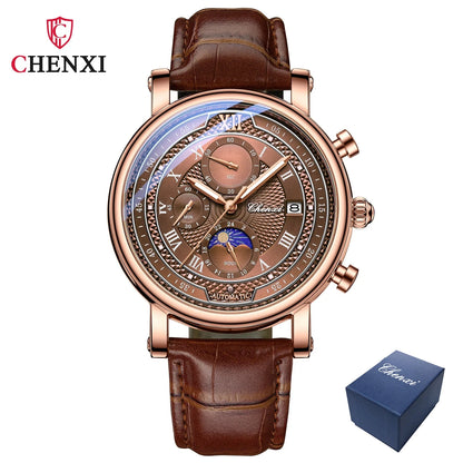 Chenxi 976 Leather Chronograph Date Men's Phase Of The Moon Timing Business Luminous Quartz Watch Relojes para hombres-EXPROTAS