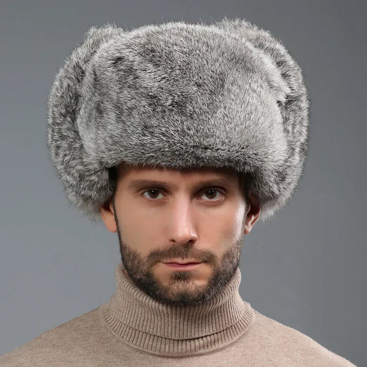 Winter Russian Man Woman Wholeskin Faux Rex Rabbit Fur Hats Luxury Faux Sheep Skin Leather Cap Fur Bomber Hat Ushanka Hats-EXPROTAS