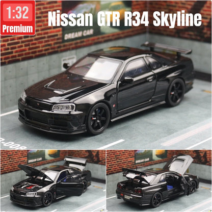 1/32 Nissan Skyline GTR R34 Diecast Model Car Sound Light JDM Toy Kids