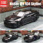 1/32 Nissan Skyline GTR R34 Diecast Model Car Sound Light JDM Toy Kids