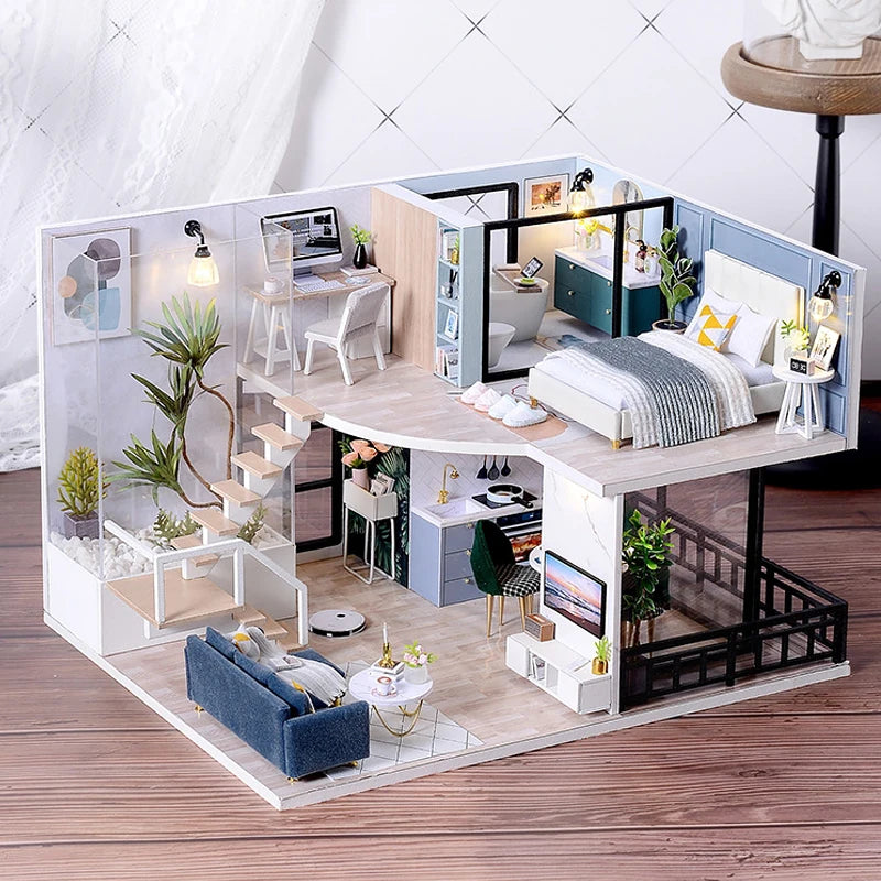 Wooden Miniature Duplex Dollhouse DIY 3D Puzzle Kit with Furniture LED Decoration Gift - EXPROTAS