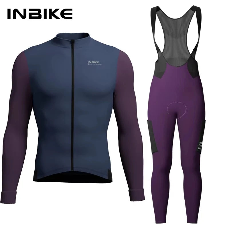 INBIKE Mens Winter Cycling Jersey Bib Tights Set Fleece Road Bike Pockets