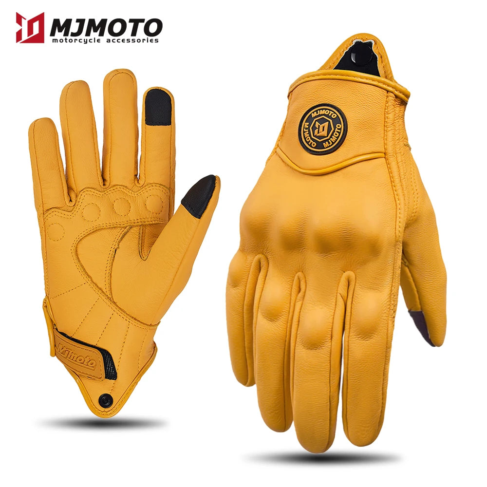Retro Yellow Leather Motorcycle Gloves Men Women Breathable Perforated Motorbike Racing Gloves Touch Screen Motocross Moto Glove-EXPROTAS