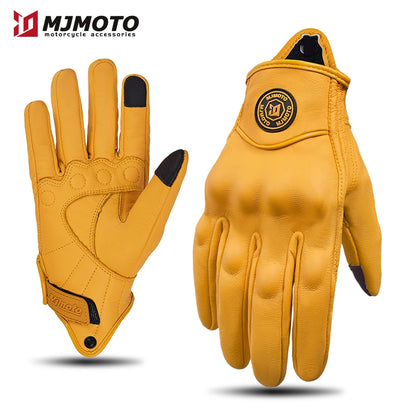 Retro Yellow Leather Motorcycle Gloves Men Women Breathable Perforated Motorbike Racing Gloves Touch Screen Motocross Moto Glove-EXPROTAS