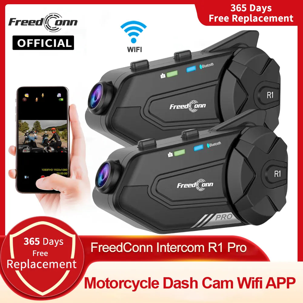 Freedconn R1 Pro Bluetooth Motorcycle Intercom Helmet Headset Group Speaker Headphone WiFi App Motorbike Dash Cam Moto Auto Dvr-EXPROTAS