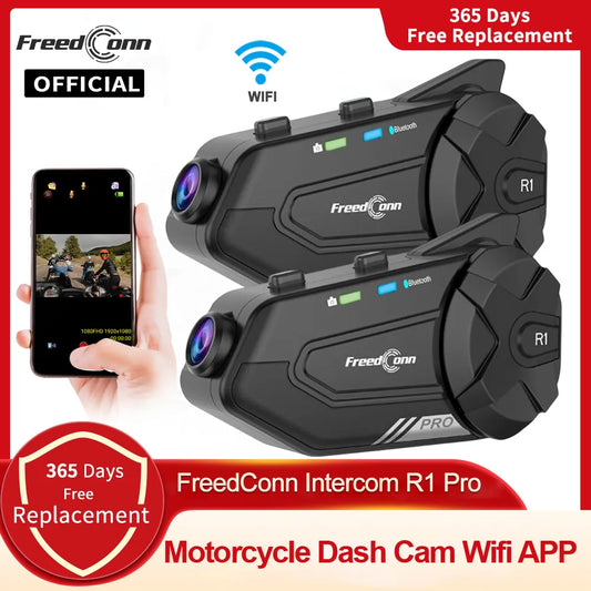 Freedconn R1 Pro Bluetooth Motorcycle Intercom Helmet Headset Group Speaker Headphone WiFi App Motorbike Dash Cam Moto Auto Dvr-EXPROTAS