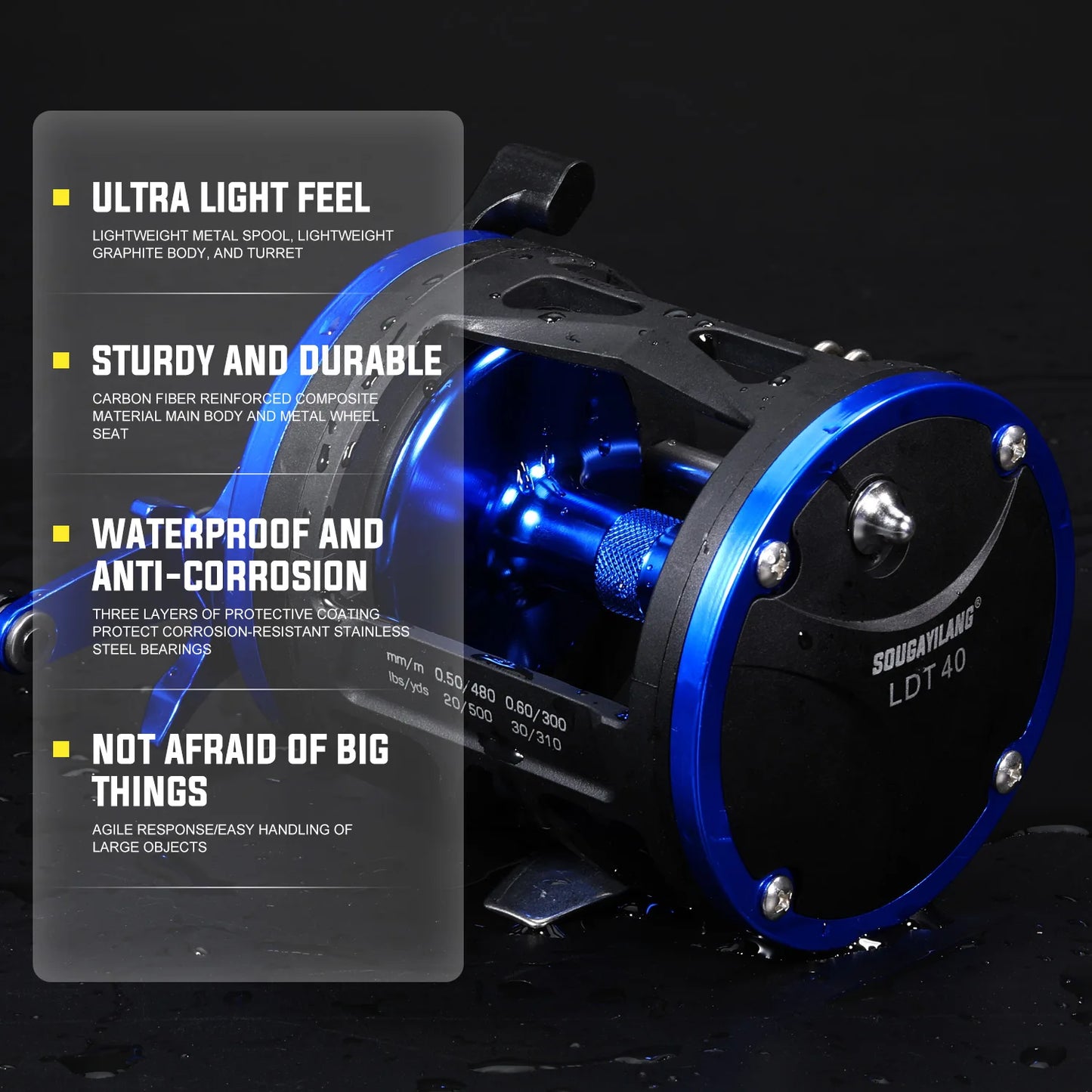 Trolling Drum Fishing Reel 3.8:1 3+1BB Metal Wire Guide Sougayilang Boat Reel