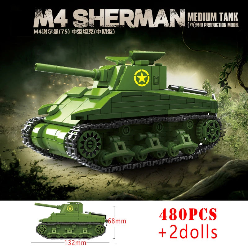 WW2 US M4 Sherman 75 Medium Tank Building Blocks Military Brick Model Educational Gift