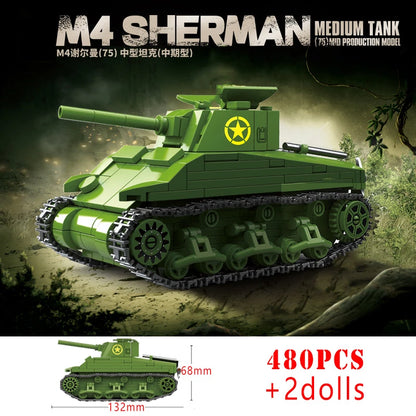 WW2 US M4 Sherman 75 Medium Tank Building Blocks Military Brick Model Educational Gift