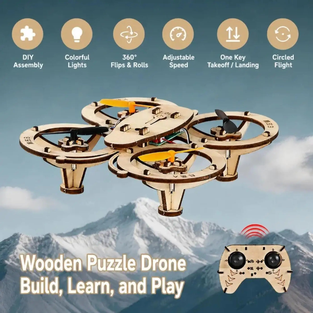 Wooden Drone Toy Remote Quadcopter STEM Educational 360 Degree Flipping