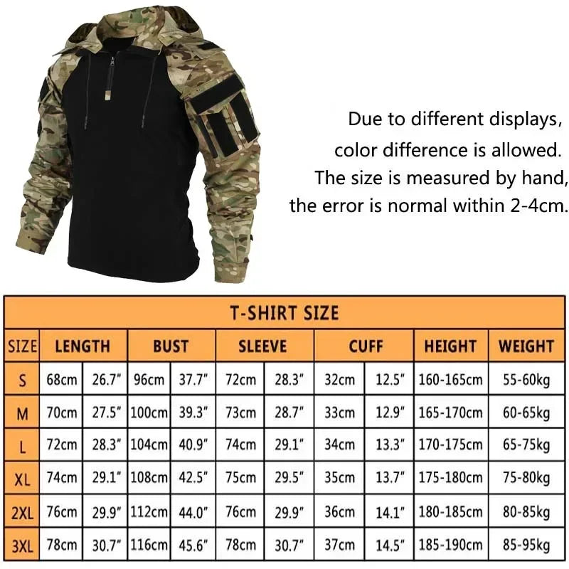 Tactical Combat Shirt 1/4 Zip Long Sleeve Men Camo Cotton Ripstop Military Top
