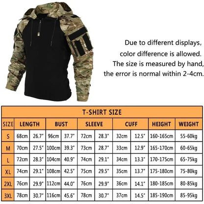 Tactical Combat Shirt 1/4 Zip Long Sleeve Men Camo Cotton Ripstop Military Top