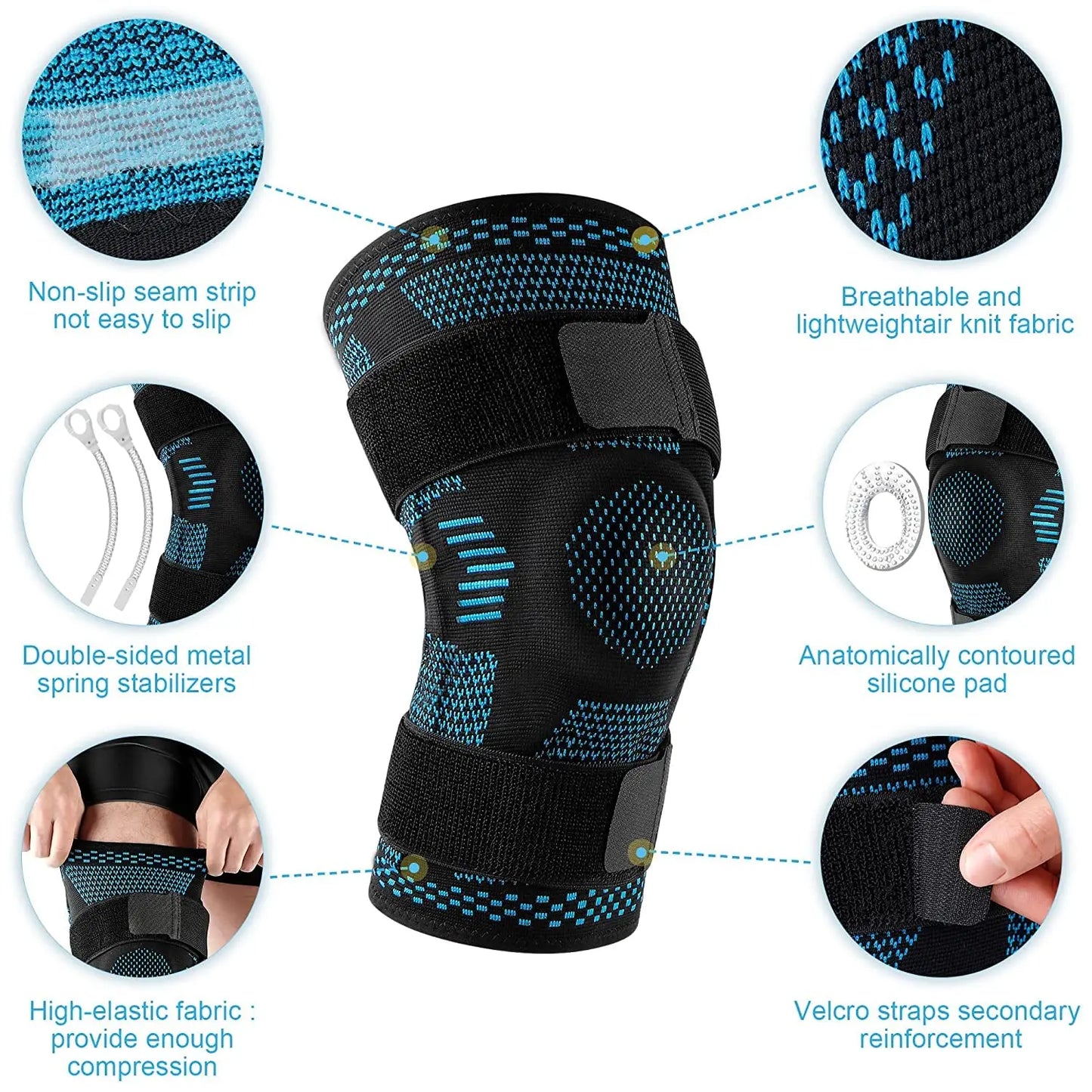 Sports Knee Brace Compression Sleeve with Patella Gel Pad & Side Stabilizers