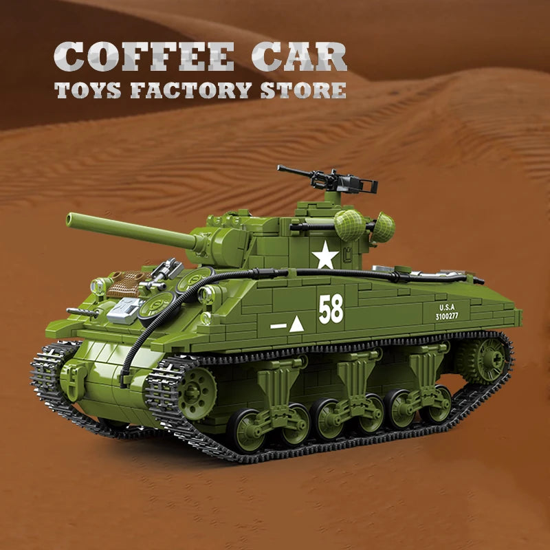 M4A3 Medium Tank Building Blocks T34/76 Armored Car WW2 Military Model Toy Gift