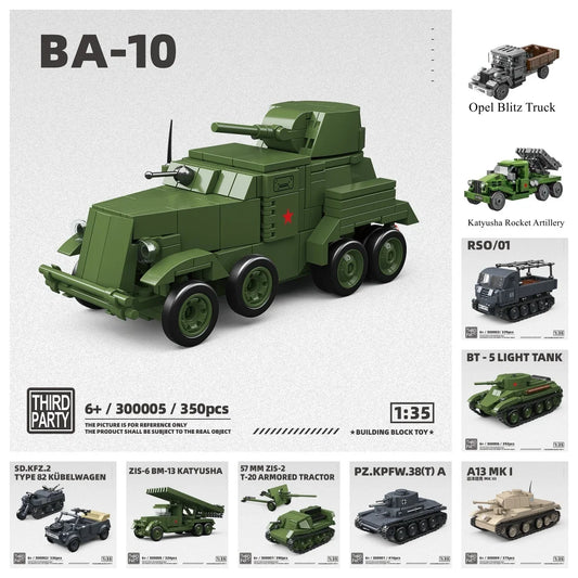 WW2 BA-10 Armored Car 1:35 Building Blocks Military Brick Model Educational Toy Gift