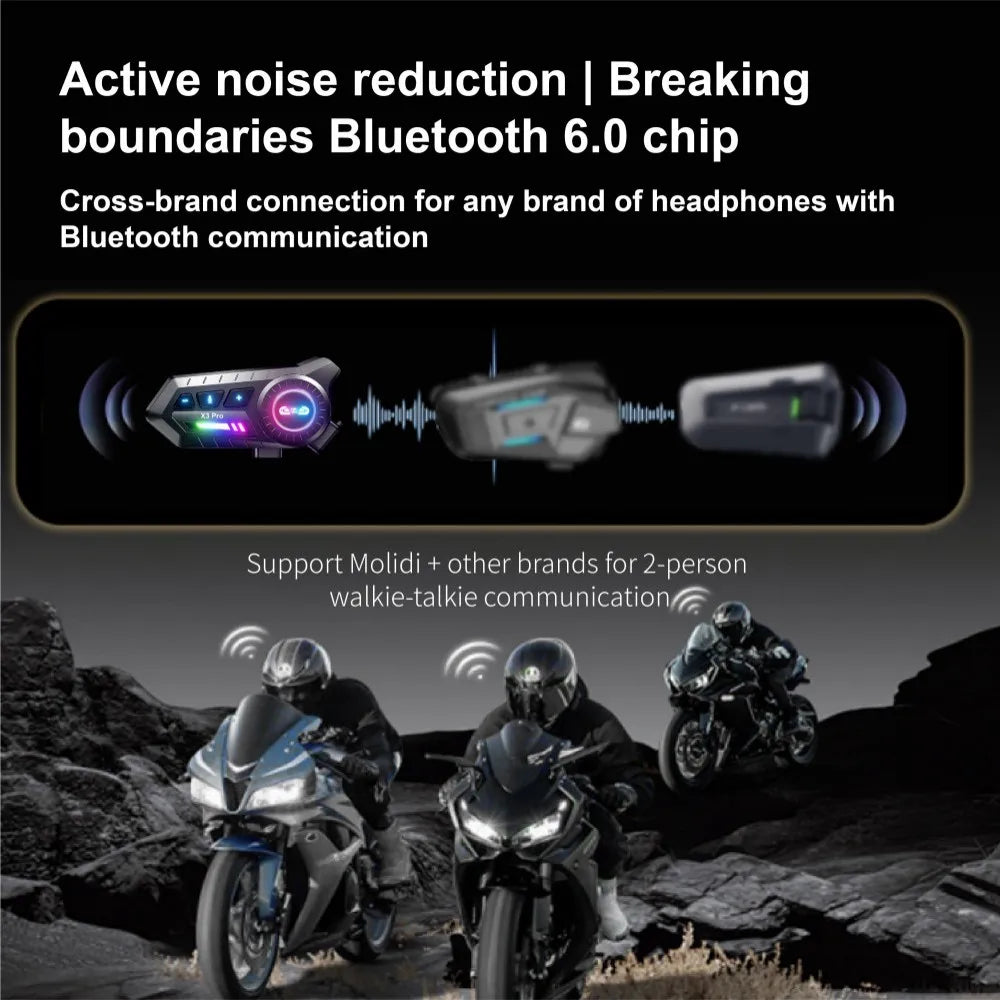 Motorcycle Helmet Bluetooth Headset X3 Pro 1000m 2-Rider Intercom IPX6