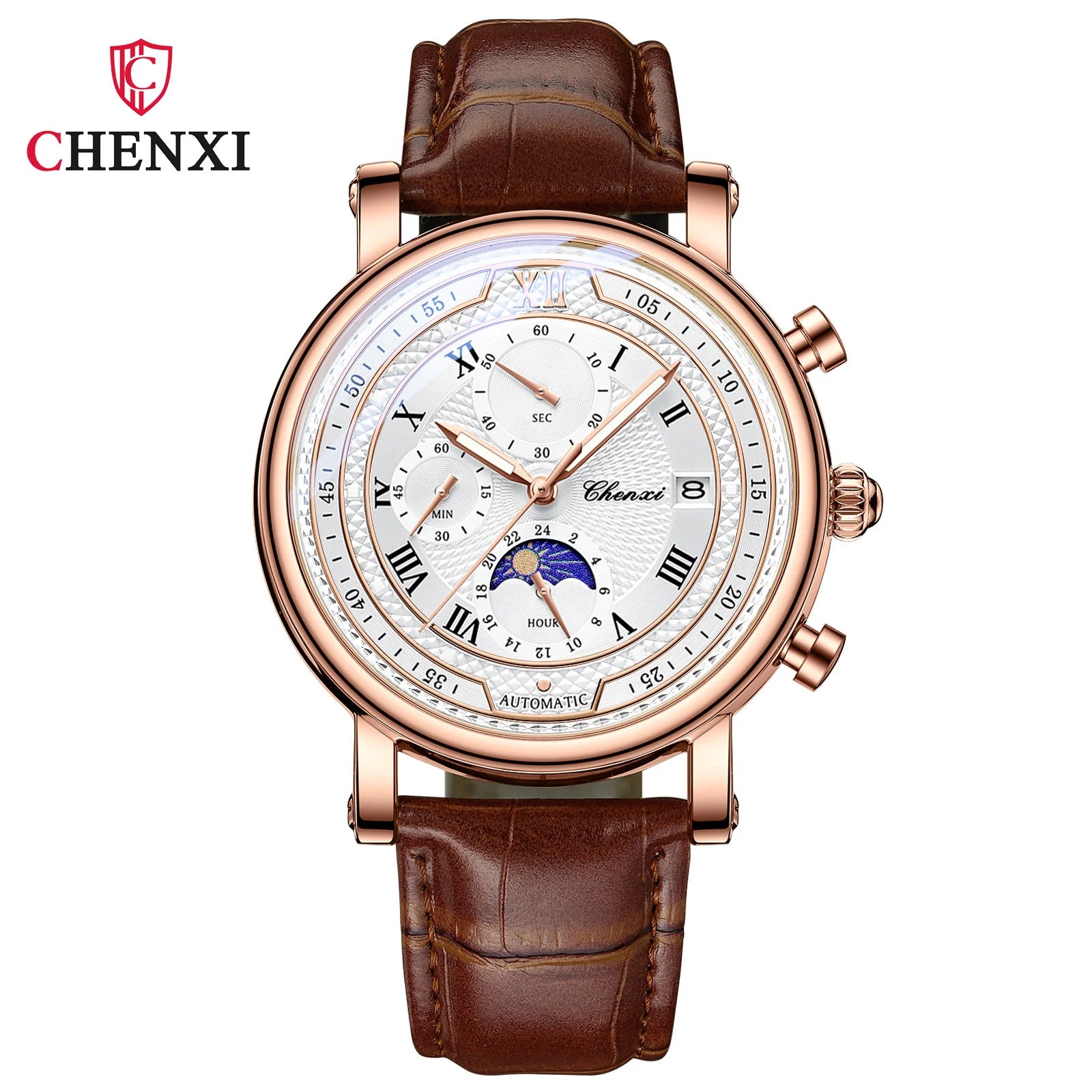 Chenxi 976 Leather Chronograph Date Men's Phase Of The Moon Timing Business Luminous Quartz Watch Relojes para hombres-EXPROTAS