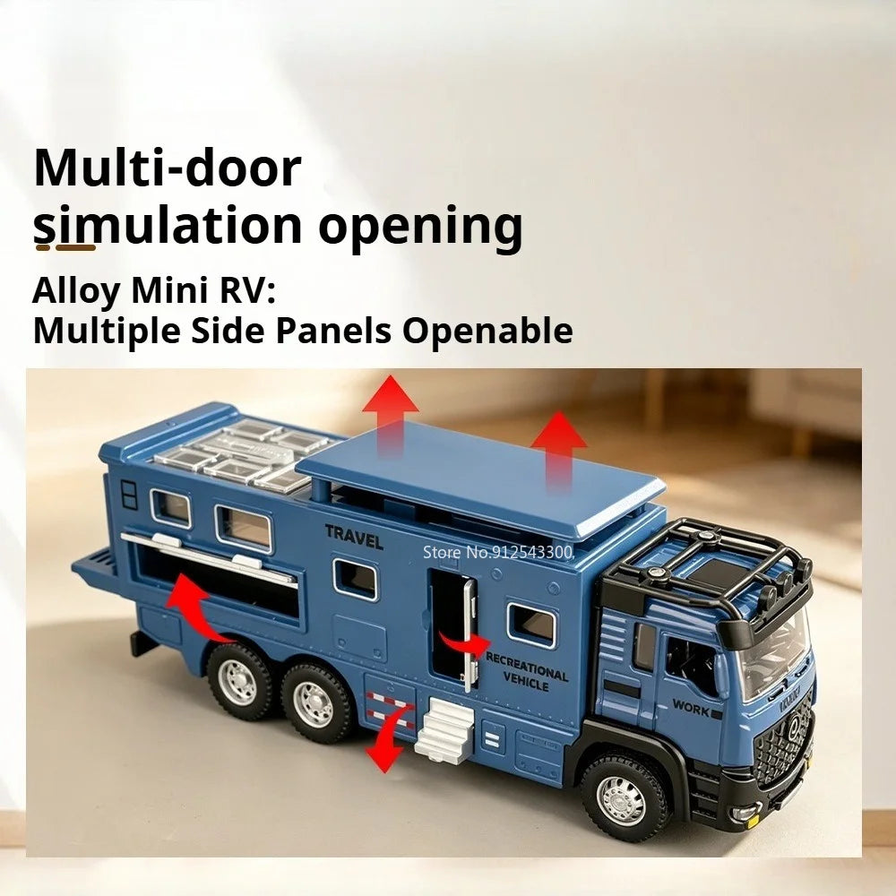 1:43 Diecast Camper Van Model Toy with Sound Light Adjustable Roof Doors