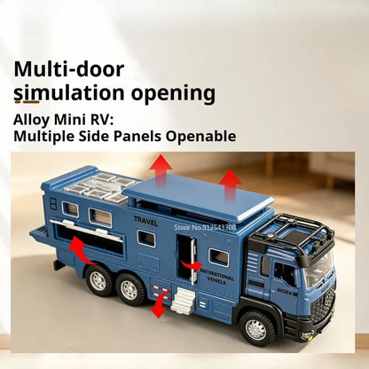 1:43 Diecast Camper Van Model Toy with Sound Light Adjustable Roof Doors
