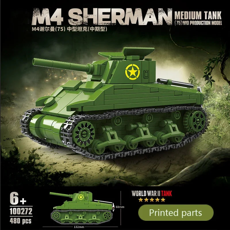 WW2 US M4 Sherman 75 Medium Tank Building Blocks Military Brick Model Educational Gift
