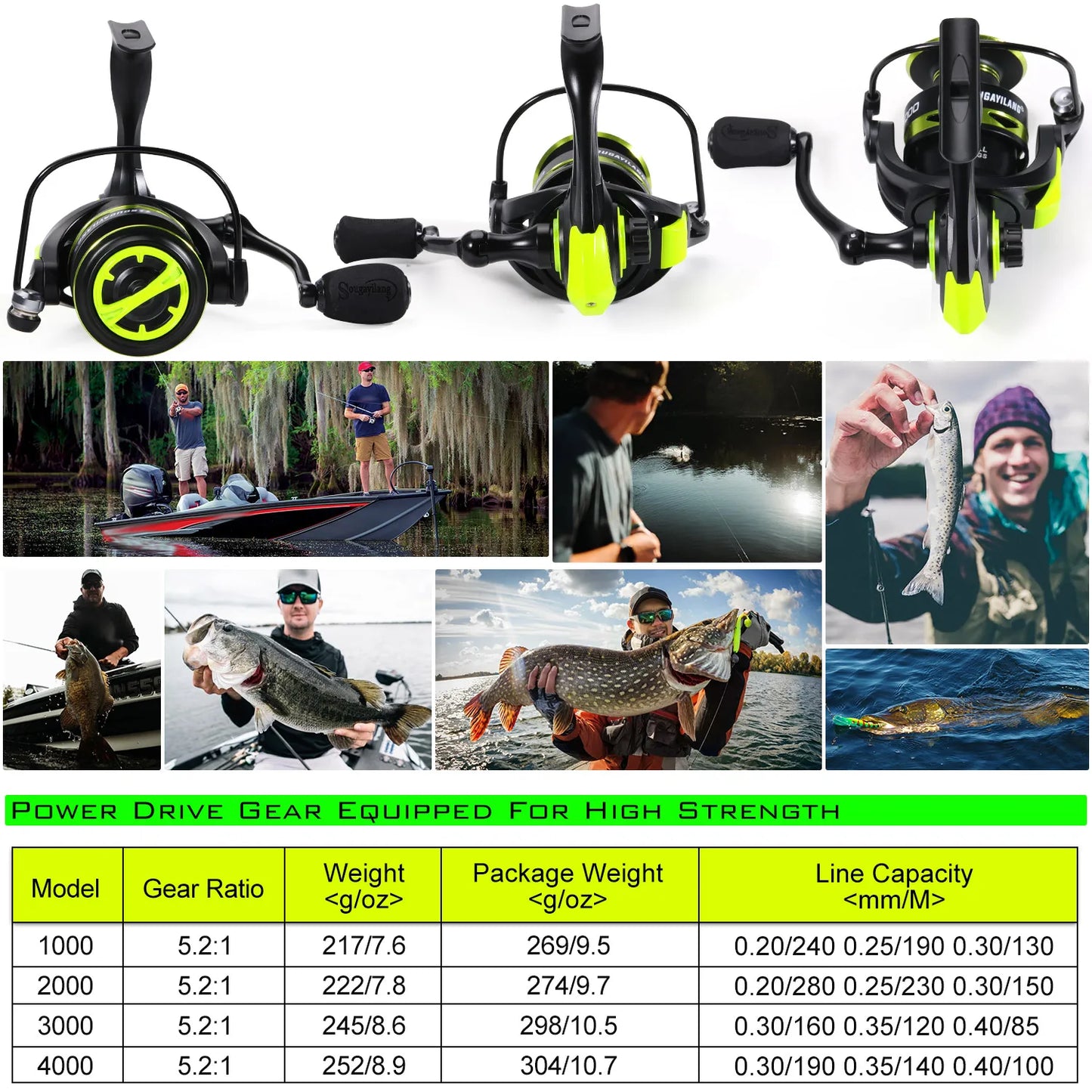 Sougayilang Spinning Fishing Reel 5.2:1 Max Drag 1000-7000 Series Metal Spool