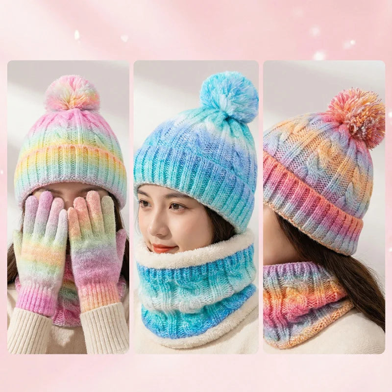 Kids Winter Hat Scarf Gloves 3Pcs Set Warm Knitted Beanie Pom