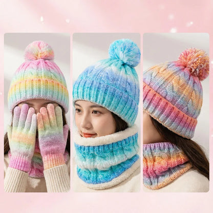 Kids Winter Hat Scarf Gloves 3Pcs Set Warm Knitted Beanie Pom