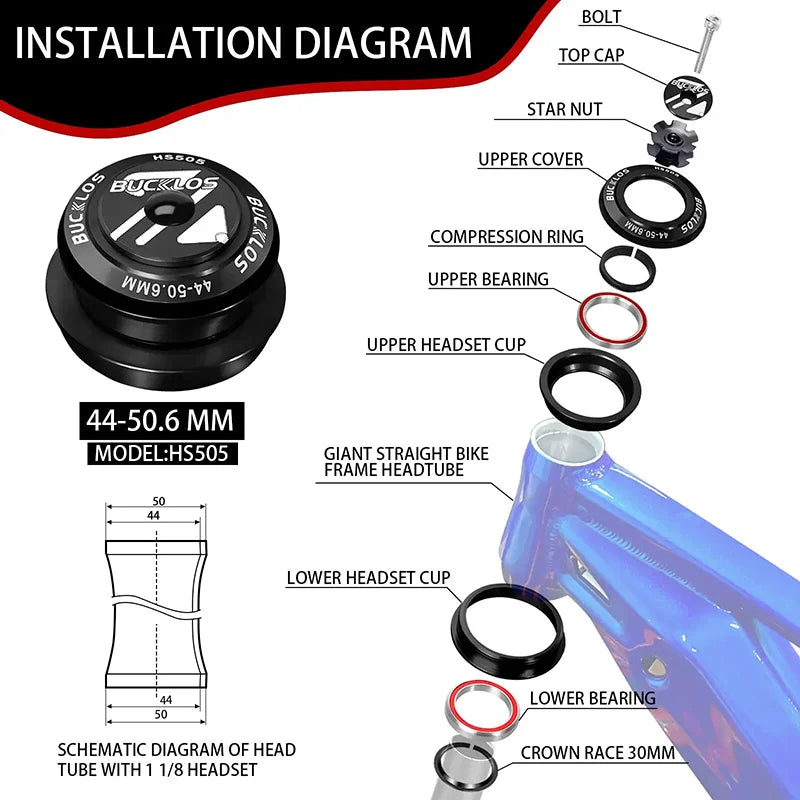Bike Headset 1-1/8" Sealed Bearing 34/44/50.6/52/55/56mm MTB Fork