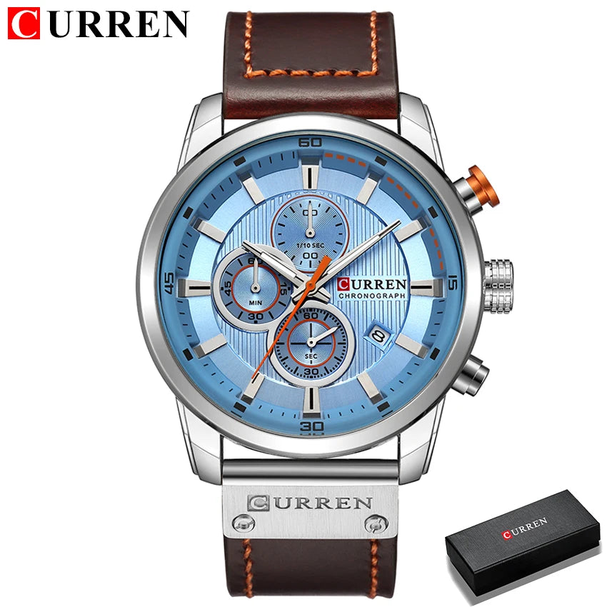 Curren Mens Watch Waterproof Quartz Chronograph Leather Strap 8291
