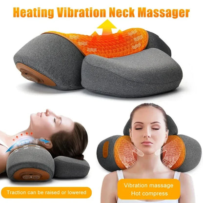 Electric Neck Massager Pillow Heat Vibration Cervical Support Traction