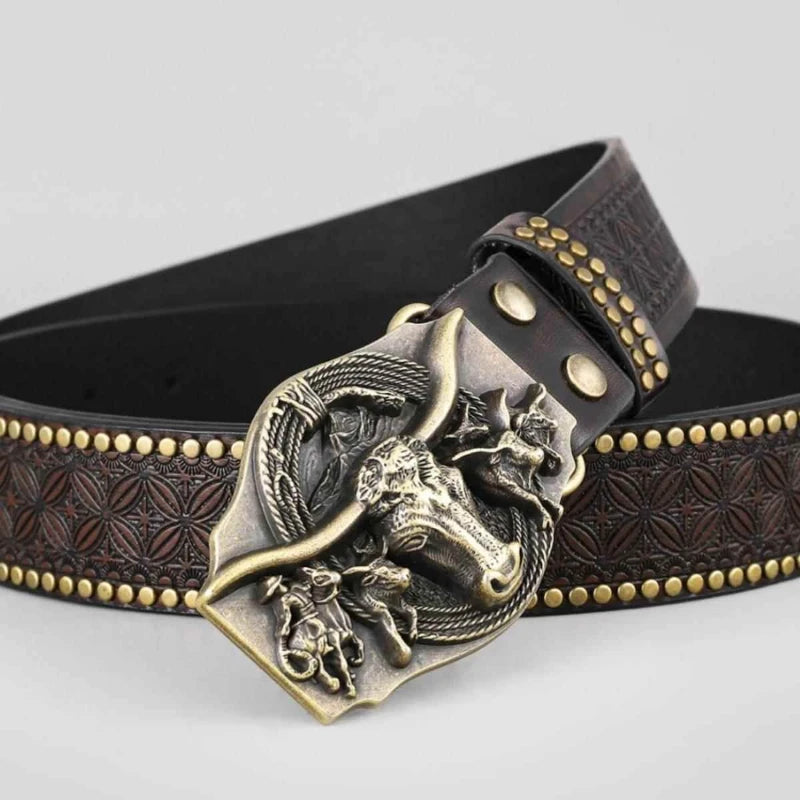 Buckle Cowboy Belt Western Bull Head Vintage Leather for Men Women