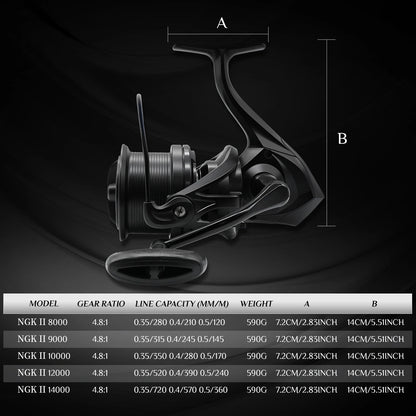 Spinning Wheel Fishing Reel 8000-14000 Series 17+1BB 4.8:1 Aluminum Alloy